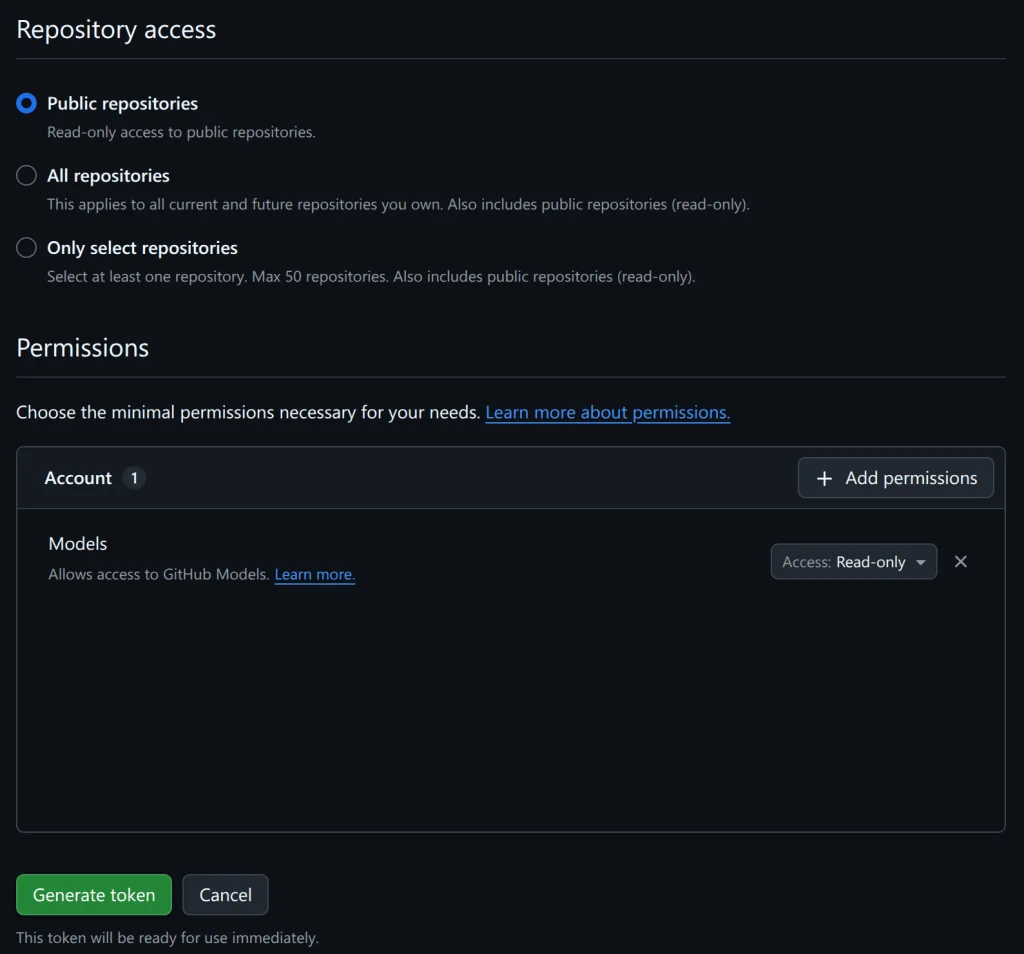 Screenshot of the developer settings page where I am adding the "Models" permission to my new PAT.