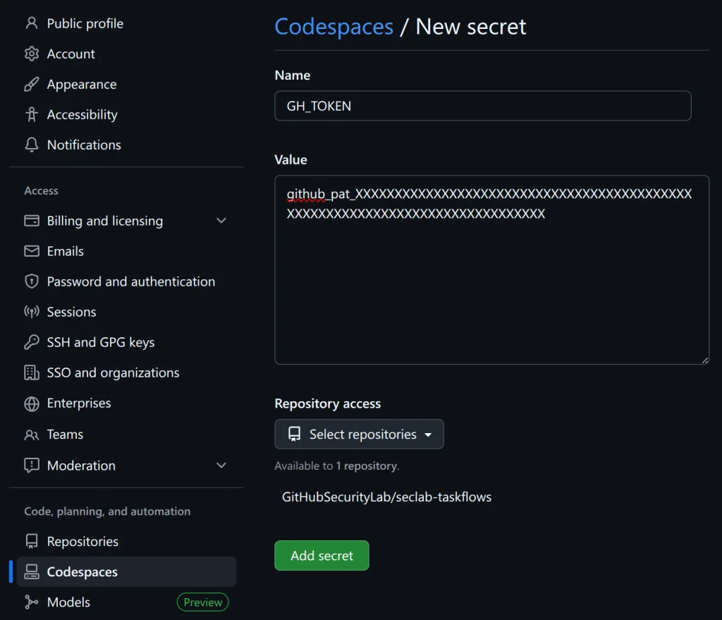 Screenshot of the codespaces settings page, where I am adding a new secret.