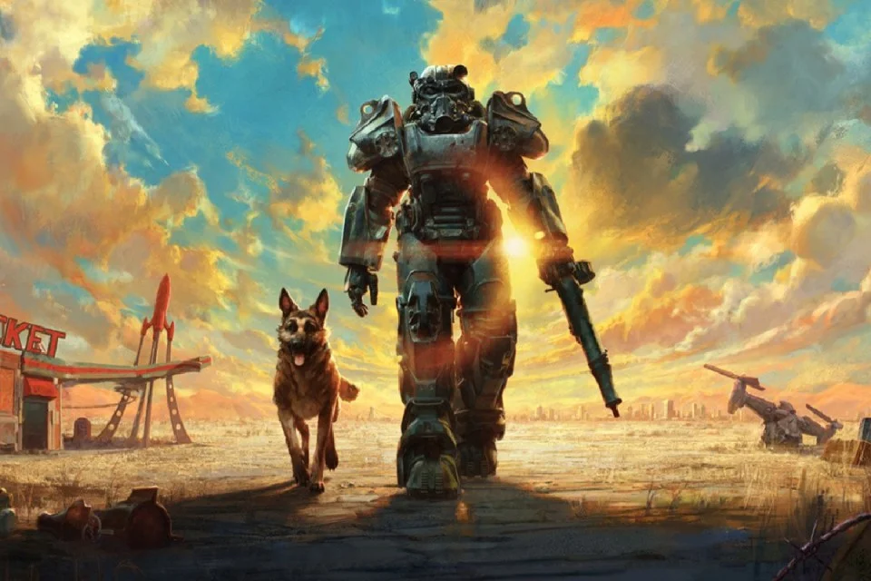 Post-apocalyptic Boston skyline with ruined buildings and a power armor-clad character from Fallout 4 game.